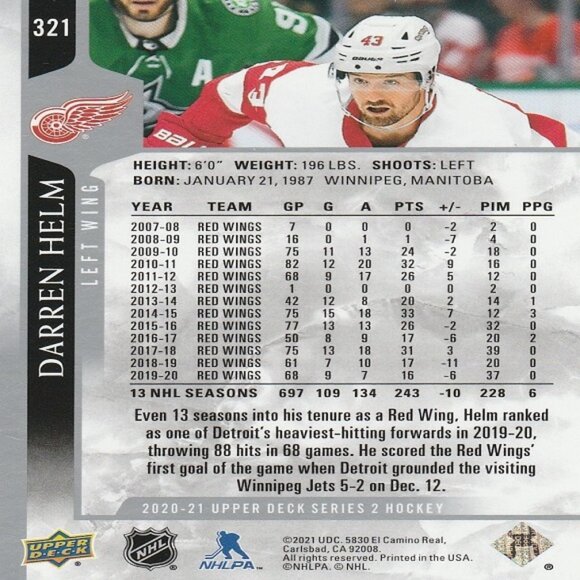 Darren Helm - 2020/2021 Upper Deck Series 2 Hockey Card - Picture 2 of 2